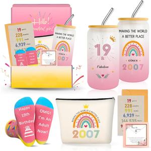 19th Birthday Gifts for Female, Trendy 19 Year Old Girls Birthdays Basket Gift Ideas for Women Besties Daughter Sister Niece, Cool Happy 2007 Decorations Presents Glass Cup Sock Makeup Bag Necklace