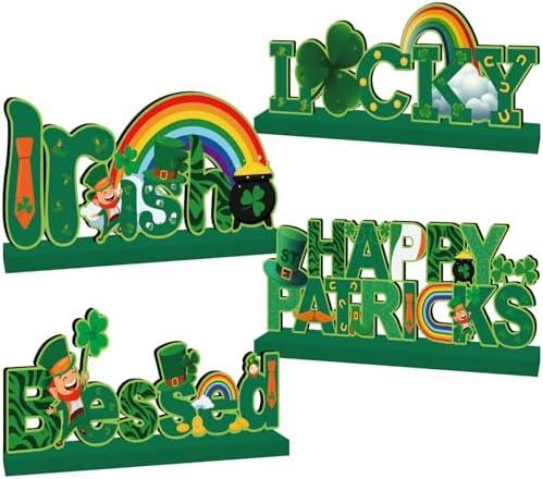 4pcs St Patricks Day Decorations Wooden Table Signs,Happy Saint Patricks Day Table Decorations Green Irish Lucky Shamrock, Leprechaun St. Patricks Day Decorations for Holiday Party