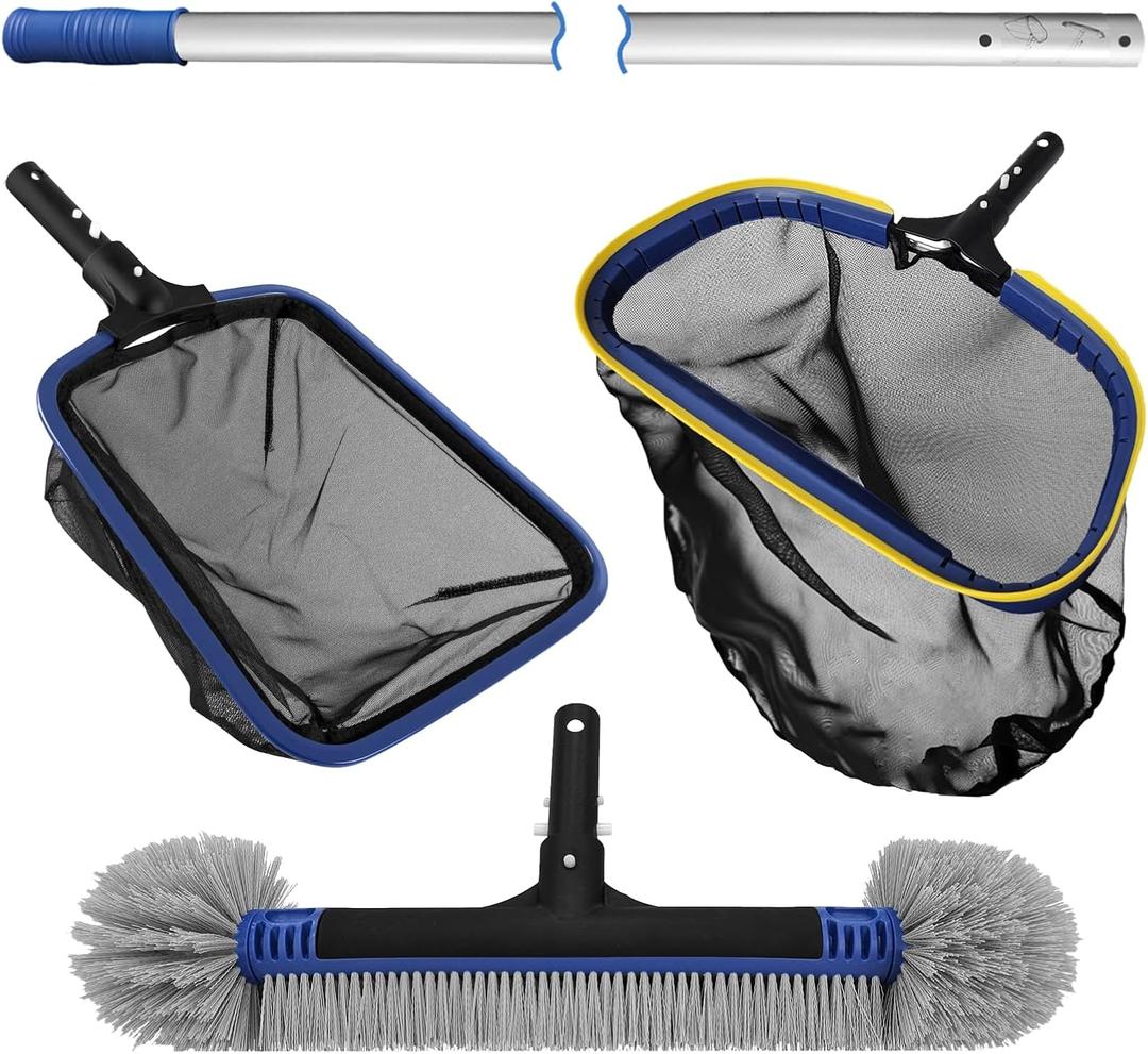 Poolvio 5-in-1 Pool Cleaning Kit - Includes Semi-Deep Skimmer Net, Aluminum Leaf Rake, 20' Pool Brush with 13ft Adjustable Pole