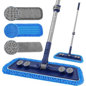 Microfiber Mops for Floor Cleaning - Dust Mop for Hardwood Floors with 55 Adjustable Handle 3 Thickened Washable Pads - Wet Dry Mopping for Pet Hairs Walls Tile Wood Laminate Home Kitchen