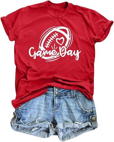 Game Day Shirt Women Cute Football T Shirt Bleached Rugby Ball Graphic Tee Sunday Casual Short Sleeve Tops Bright Red, XL