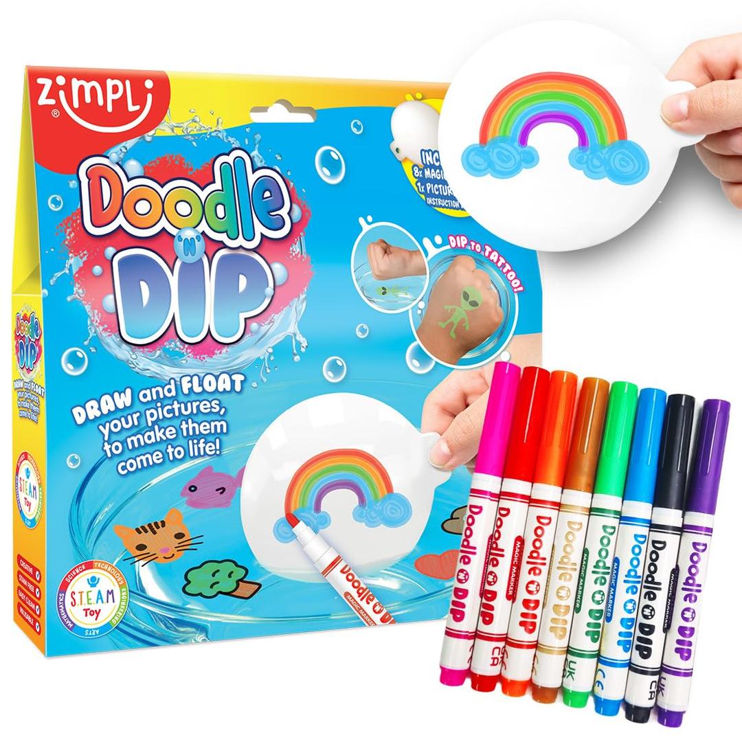 Doodle N Dip, Draw and Float Your Pictures and Add Them as Temporary Tattoos, 8 x Magic Markers & Picture Paddle, Magical Water Colouring Painting Pens, Creative Toy for Children (2 Pack Bundle, Multi)