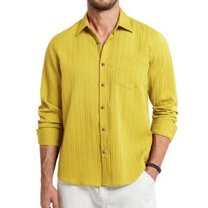 HISDERN Mens Casual Long Sleeve Shirts Button Up Down Yellow Shirts Wrinkle Free Striped Collared Gold Solid Textured Shirt Dating Vacation Clothing (Yellow, XL)
