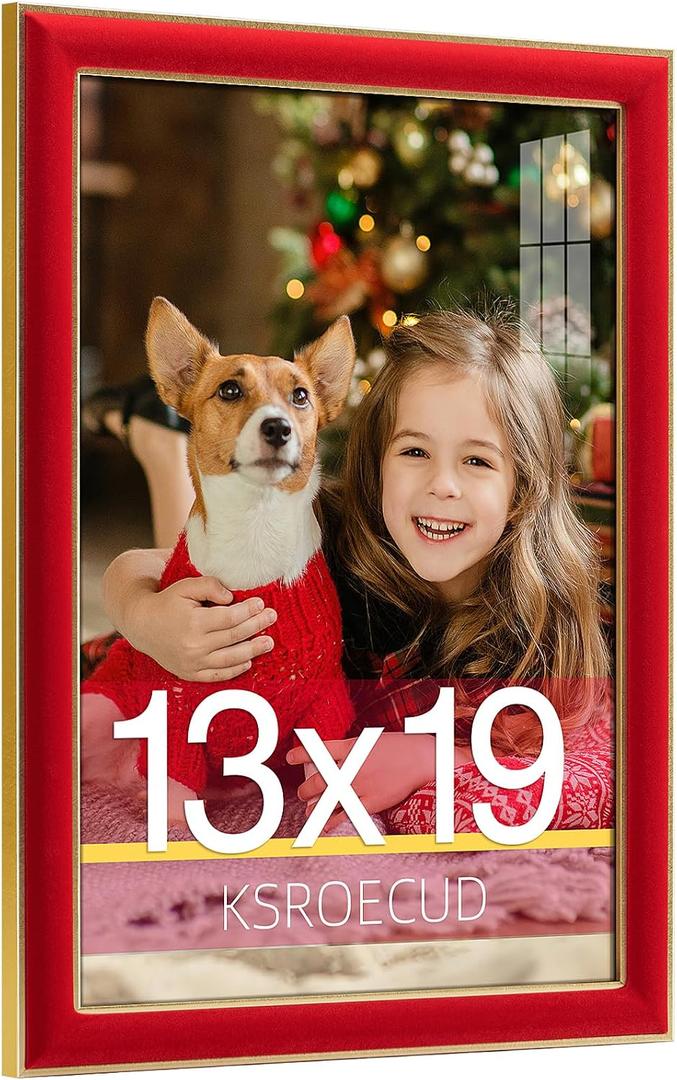 13x19 Velvet Picture Frame, Red 13x19 Velvet Photo Frame with Vintage Gold Border, 13 by 19 Poster Frame with HD Real Glass Horizontal & Vertical Display for Tabletop and Wall Decor (1 Pack)