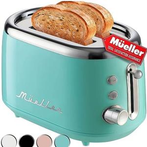 MÜELLERHOME Retro Toaster 2 Slice, 7 Browning Levels, 3 Functions (Reheat, Defrost, Cancel), Removable Crumb Tray, Under Base Cord Storage, Turquoise