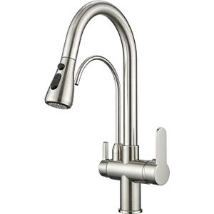 WANFAN Kitchen Sink Faucet with Pull Down Sprayer 2 Handle 3 in 1 Water Filter Purifier Faucets Brushed Nickel 0195SN
