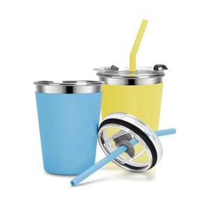 Kids Cups with Straws and Lids Leak Proof, 12oz Sippy Cups for Toddlers 1-3, 2 Pack Spill Proof Cup Stainless Steel Kids Cups with Lids for School, Outdoor (Blue & Yellow)