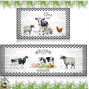 Bencailor Sets of 2 Christmas Cow Kitchen Rugs and Mats Non Slip Kitchen Rugs Washable Buffalo Plaid Farmhouse Door Mats for Xmas Winter Home Floor Bathroom Cabin Decor, 29 x 17 inch and 47 x 17 inch