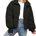 Womens Winter Cropped Puffer Jacket Coat Casual Quilted Baggy Long Sleeve Zip Down Jackets Outerwear (Black, M)