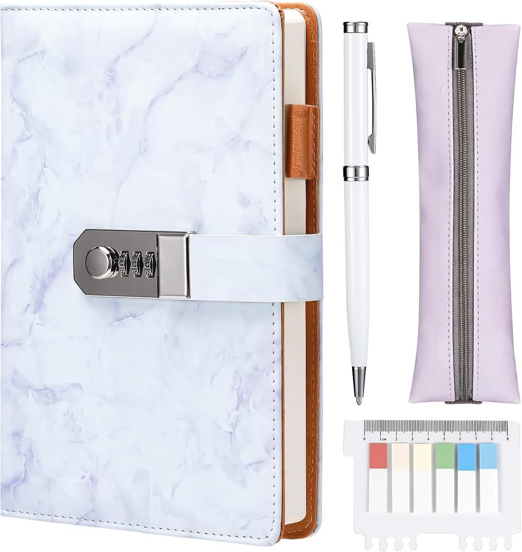 Nicpro Marble Diary with Lock for Girls and Women, Lockable A5 Secret Journal Set 300 Pages for Teen Girls, Refillable Notebook with Pen, Pencil Pouch, Index Stickers