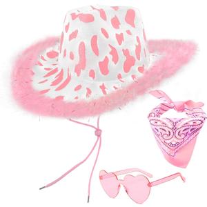 Cow Print Cowboy Hat with Feathers, Heart Sunglasses and Bandana for Women Western Party Cowgirl Costume Accessory (Pink & White)