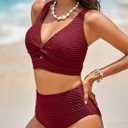Herseas Women's Textured Bikini Sets Twist Front Top Swimsuits High Waisted Bathing Suits (Red, M)