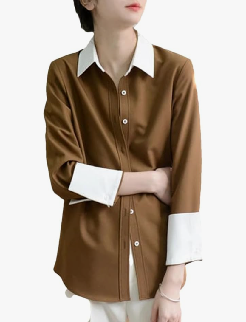 Solid Women's Shirt Spring Autumn Loose Fashion Button Long Sleeve Blouses for Turn-Down Collar Shirts, Size XL