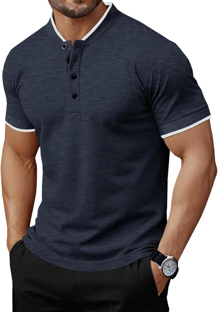 Runcati Mens Henley Shirts Short Sleeve Casual Polo Shirts Summer Business Workout Golf T- Shirts (L)
