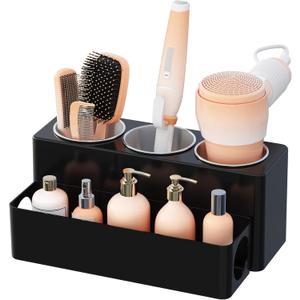 Lifewit Hair Tool Organizer Countertop, Removable Blow Dryer Holder for Bathroom, Acrylic Hot Tools Organizer Storage for Curling Iron, Brush, Straightener, 3 Stainless Cups, Black, 30 cm/12 inch(L)