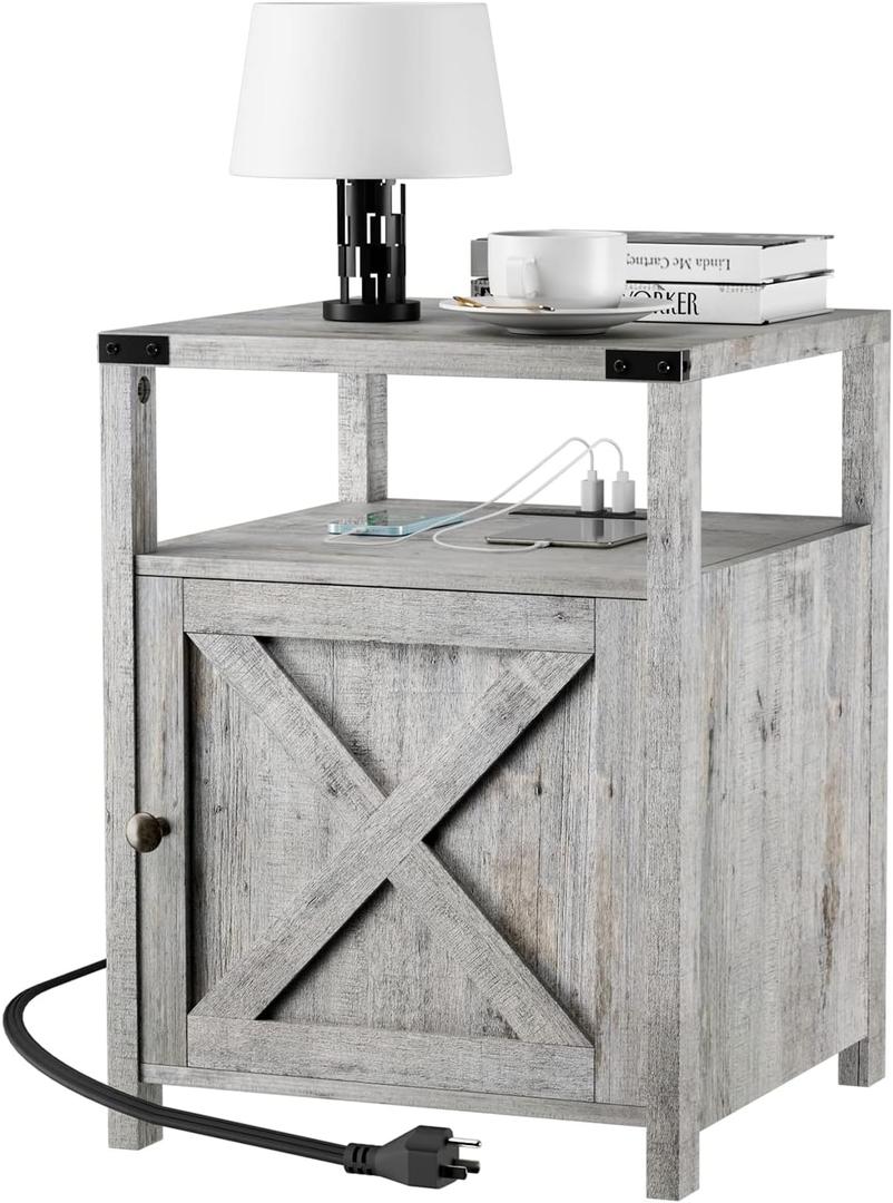 Farmhouse Nightstand with Charging Station, Grayish White End Table Bedroom with Storage Living Room Side Table Beige Night Stand Industrial Bedside Bed Table with USB Ports and Outlets, Grayish White