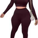 Mizoci Women's Workout 2 Piece Outfits Crop Top High Waisted Legging Pants Set Long Sleeve Track Suits Jumpsuit (Medium, Dark Chocolate)