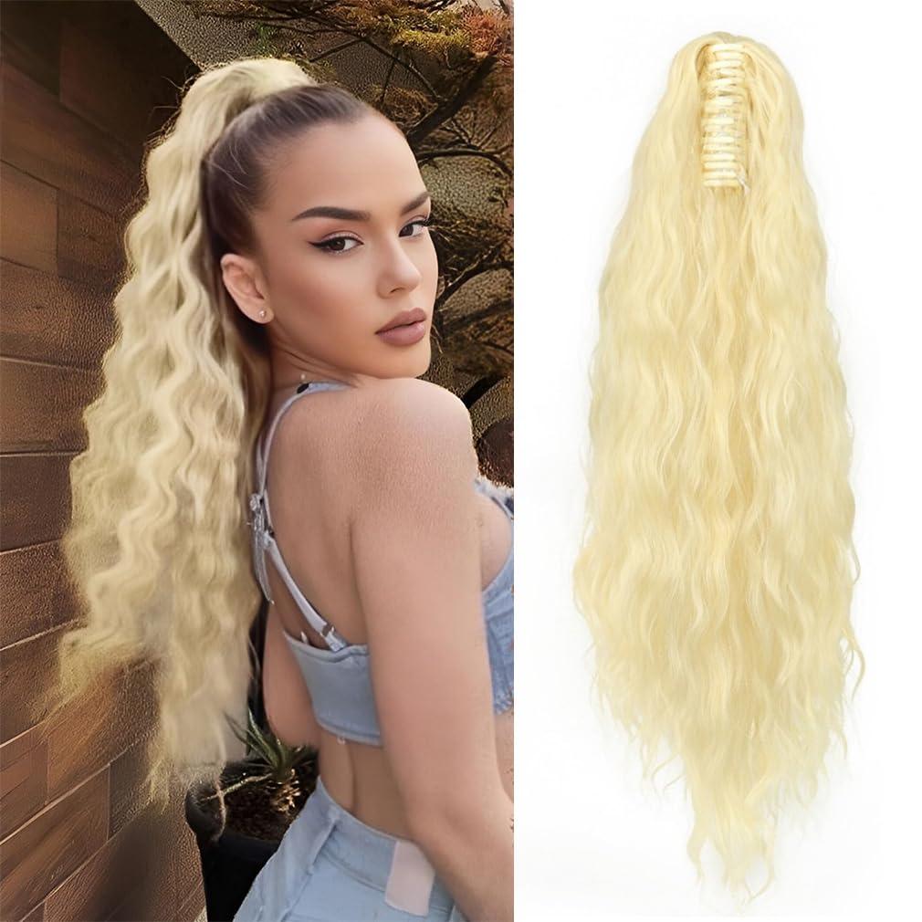 22" Claw Clip Ponytail Extension for Women Platinum Blonde Color Long Wavy Pony Tails Hair Extensions Fluffy Natural Looking Synthetic Clip in Ponytail Hairpiece for Daily Use