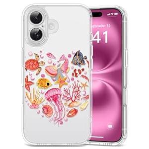 Dibrell for iPhone 16 Plus Case, [Full Camera Protection] [Not Yellowing] [Military-Grade Drop Protection] Cute Clear Slim Shockproof Protective Phone Cover for Women Girls 6.7", Sea Loving/ Pink