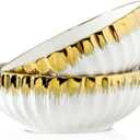 LETAOTAO Serving Bowls, 8 inch Large Salad Bowls, Ceramic Bowl Set of 2 White Bowl with Gold Trim, Kitchen Decorative Bowls Set for Kitchen, Salad, Soup, Pasta and Dinner(60 oz) (white and gold-01)