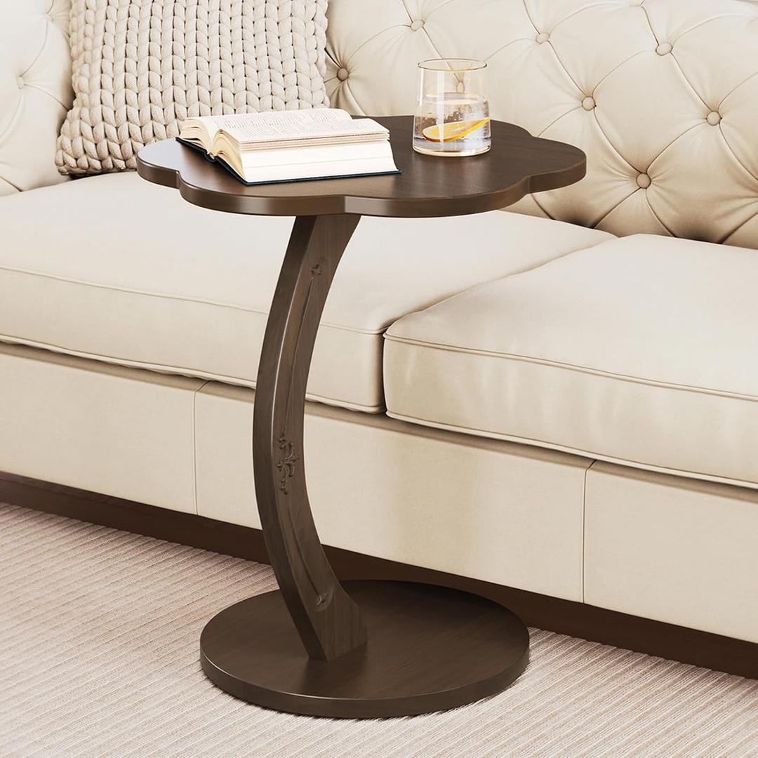 C-Shaped Solid Wood Round End Table - Side Table for Couch, Sofa Tables Slide Under Couch for Living Room, Small Nightstand for Small Space, Dark Walnut