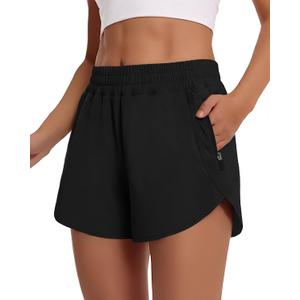 CAMPSNAIL Running Shorts for Women - 3" Athletic High Waist Quick Dry with Liner Zipper Pockets for Workout Gym (Black). M