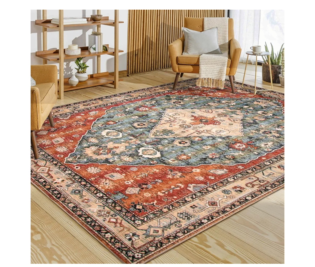 Lahome Boho Tribal 8x10 Area Rugs for Living Room, 8 x 10 Washable Rug for Bedroom Aesthetic, Large Oriental Vintage Soft Dining Room Carpet for Under Table Playroom (Rust/Dull Teal,8x10ft)