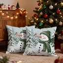 Christmas Pillow Covers 18x18 Inch, Set of 2, Double-Sided Snowman Green Printed, White Linen Decorative Throw Pillow Cases, Slightly Water-Resistant, Cushion Covers for Winter Home Decor