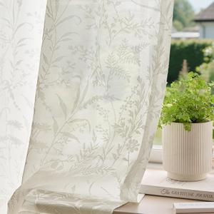 Anmao Beige Semi Sheer Light Filtering Curtains 90 Inches Long 2 Panels, Leaf Pattern Drapes for Living Room Bedroom, Rod Pocket Sheer Window Treatments with Floral Design, 52x90 Inch