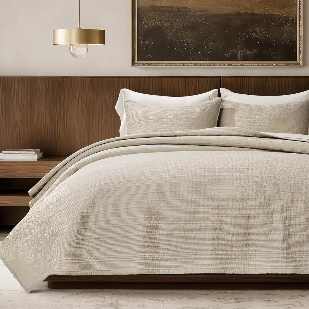 EVERGRACEHOME Channel Stitch 100% Cotton Quilt Set King Size, Pre-Washed Cotton Sateen Coverlet Bedspread, 3-Piece Soft & Breathable Bedding Set with 2 Shams for All Seasons, Parchment | Refined Channel, Luxe Cotton Sateen, Pre Washed, 100% Cotton, Oeko-Tex Certified, Lightweight