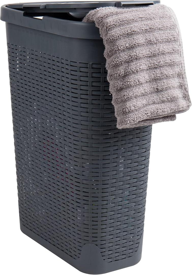 Mind Reader Slim Laundry Hamper with Lid, 40L Clothes Basket, Narrow Tapered Design with Ventilated Cutout Pattern, Plastic, Gray, Single