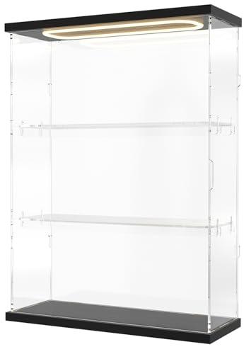 DuvinDD Acrylic Display Case for Collectibles with LED Light Top, 3-Shelves Clear Figure Display Case with Door, Dustproof Hot Wheels Display Case Storage Box Black(12.4x4.5x16.7inch)