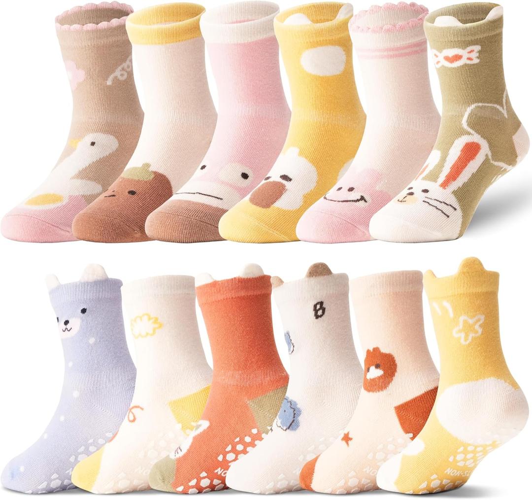 ANTSANG 12 Pairs Baby Girls Boys Toddlers Kids Grips Socks Crew Cotton Non-Slip/Anti-Skid Grips Socks(Fun Animal,3-5T)