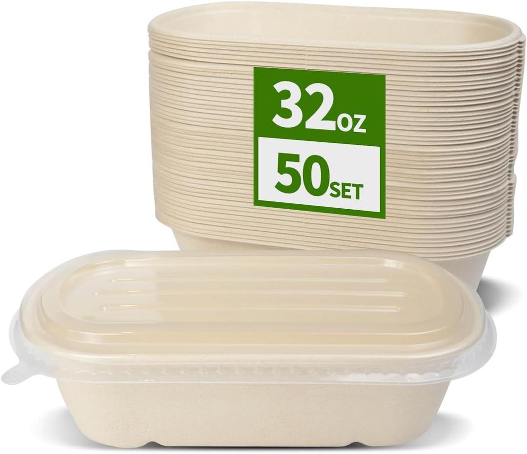 50 Pack 32 oz Disposable Meal Prep Containers Disposable Food Containers with Lids, Paper Togo Containers for Meal Prep, Lunch, Leftover (50 Bowls 50 Lids), 1 Compartment