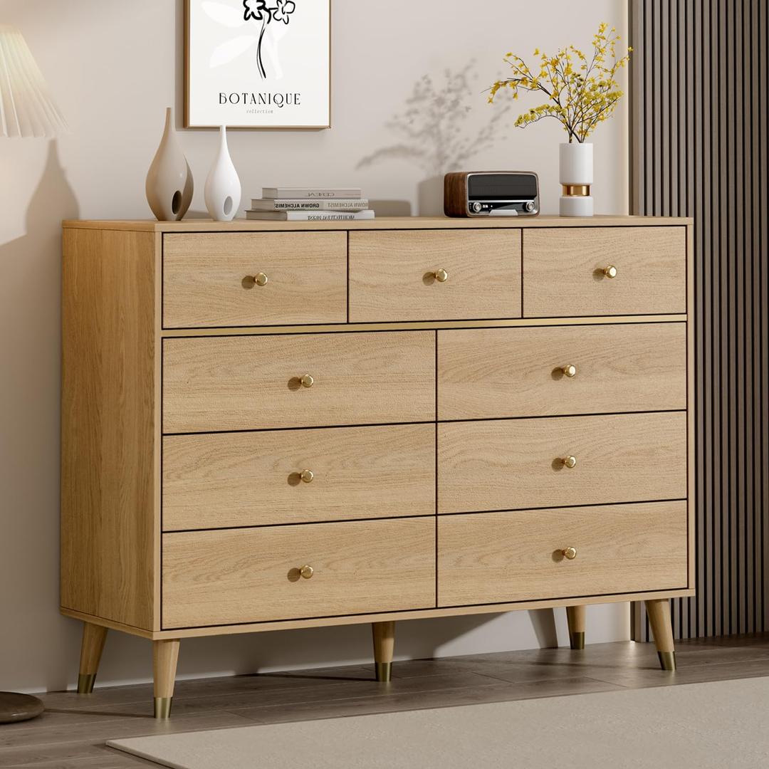 Chrangmay 9 Drawer Dresser, 47" Wide Mid Century Modern Chest of Drawers, Wooden Bedroom Drawer Dresser with 9 Storage Drawers for Bedroom, Living Room, with Anti-Tipping Device, Oak