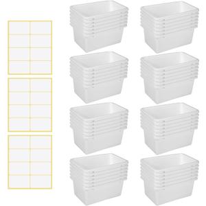 Outus 48 Pcs White Plastic Cubby Bins Bulk for Classroom Organization Small Stackable Book Bins Toy Storage Organizer Tubs Box Container with 120 Self Adhesive Label for Library School Office Home