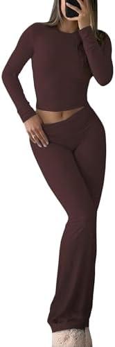 YETOWA Women's 2 Piece Lounge Set Long Sleeve Crop Top and High Waisted Flare Pants Soft Knit Loungewear Outfit, Coffee, Small