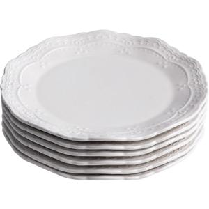 10 Inch Porcelain Dinner Plates Set of 6, White, Embossed, Dishwasher safe, Microwave safe (Picapica 10)
