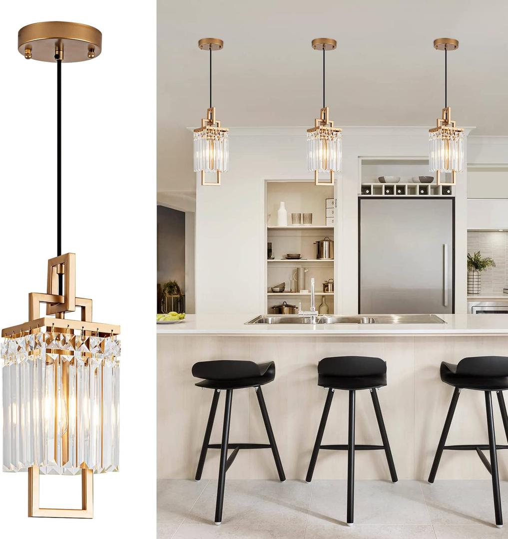 lighceac Modern Gold Pendant Light Fixtures for Kitchen Island and Dining Room, Industrial Small Hanging Crystal Chandelier Light Fixture for Bedroom Entryway Living Room Foyer Hallway 3-Pack