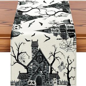 2 x Artscope Black White Spooky Haunted House Tree Ghost Halloween Table Runner, Halloween Holiday Kitchen Dining Table Decoration for Fall Home Decor 13x72 Inch