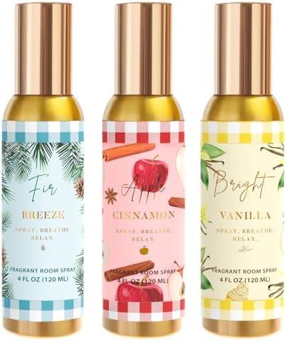 Room Spray, Bright Vanilla, Cinnamon Apple, Fir Breeze, 3 Pack, Each 4 fl oz, Concentrated Room Spray, Air Freshener for Home, Long-Lasting Odor Eliminator for Bathroom and Office