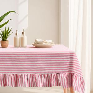 Mindsoft Pink Striped Ruffled Tablecloth 70 x 52 Inches Cotton Linen Rectangle Striped Table Cloth Classic Farmhouse Vintage Table Cover Decorative Pattern for Holiday Party