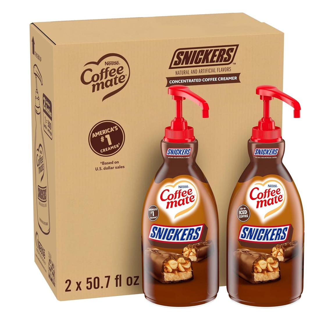 Nestle Coffee mate Coffee Creamer, Snickers, Concentrated Liquid Pump Bottle, Non Dairy, No Refrigeration, 50.7 fl oz (Pack of 2) (EXP 07/31/26)