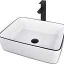 Ceramic Bathroom Sink, White 19" x 15" Above Counter Porcelain Vessel Sink with Black Faucet and Pop up drain Set, Rectangle
