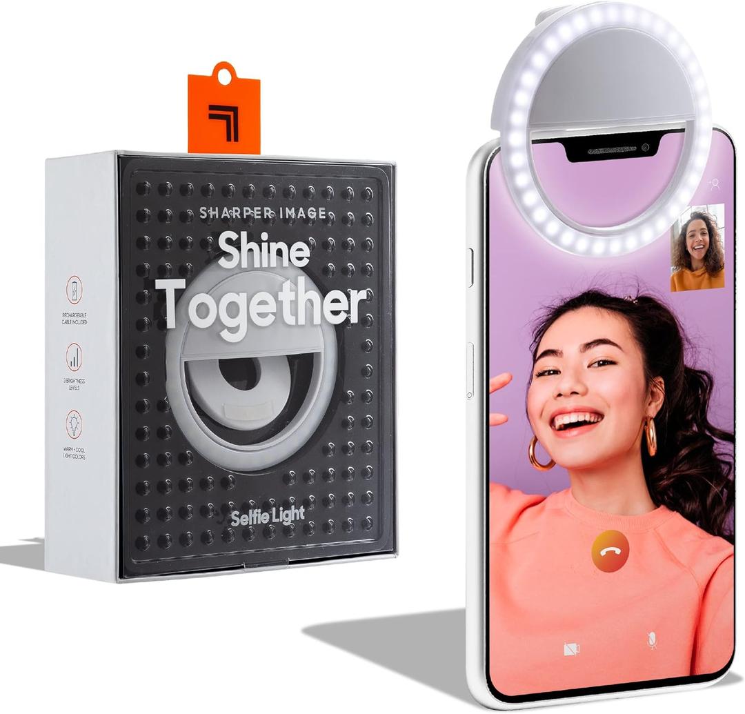 SHARPER IMAGE Rechargeable Clip-On Selfie 32 LED Ring Light, Multi-Functional Use with 3 Adjustable Brightness Levels, Improve Photos Vlogging Video Chat Live Streaming, Fits Android Galaxy & iPhone