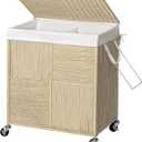 WOWLIVE Double Laundry Hamper with Lid, Handwoven Rolling Laundry Basket with Wheels, 115L Dirty Clothes Hamper with Removable Liner Bag Large Laundry Sorter Laundry Room Organization,Light Beige