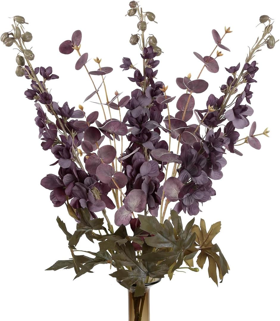 IPOPU Plum Delphinium Artificial Flowers Combo Burgundy Eucalyptus Stems 5PCS 34" Long Stem Artificial Flowers for Tall Vase for Wedding Centerpieces Home Table Party Fall Decor (Plum&Burgundy)