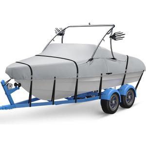 Ski & Wakeboard Tower Boat Cover, Full Metal Buckles Boat Cover, 100% Solution-Dyed Polyester Waterproof Tear and Fade Resistant, Fits 20-22ft V-Hull Runabout Tournament Boat with Ski/Wakeboard Tower