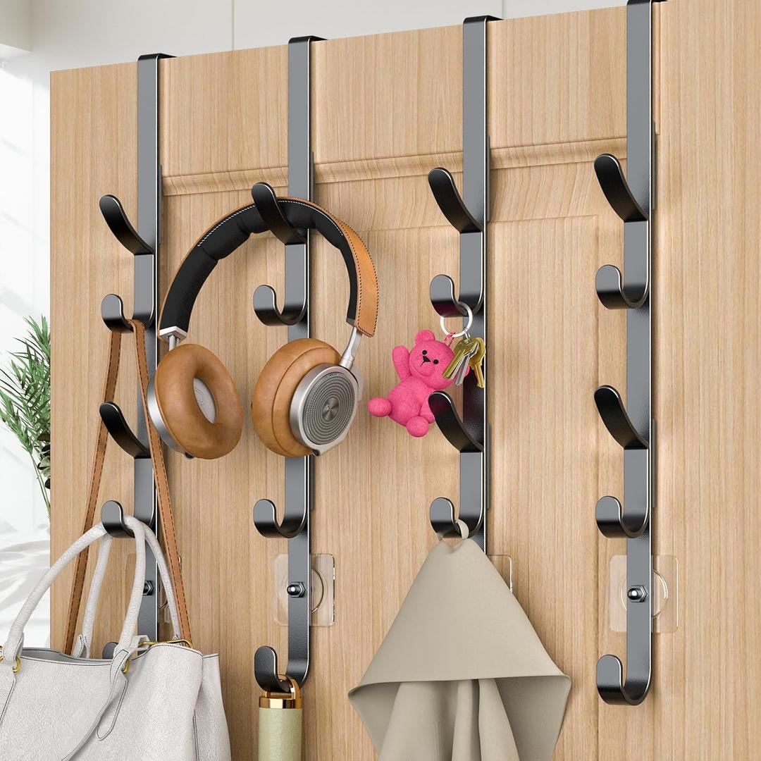 Over The Door Hooks, Metal Door Hooks for Hanging, Over The Door Purse Organizer for Coat Hanger, Back of Shower Door for Hanging Towel Rack Clothes, Hat, Bathroom, Closet (Black-4Packs)