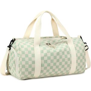 BLUBOON Duffle Bag Girls Kids Cute Gym Bag with Shoes Compartment & Wet Separation Waterproof Sports Overnight Travel Bag (Light green white grid)